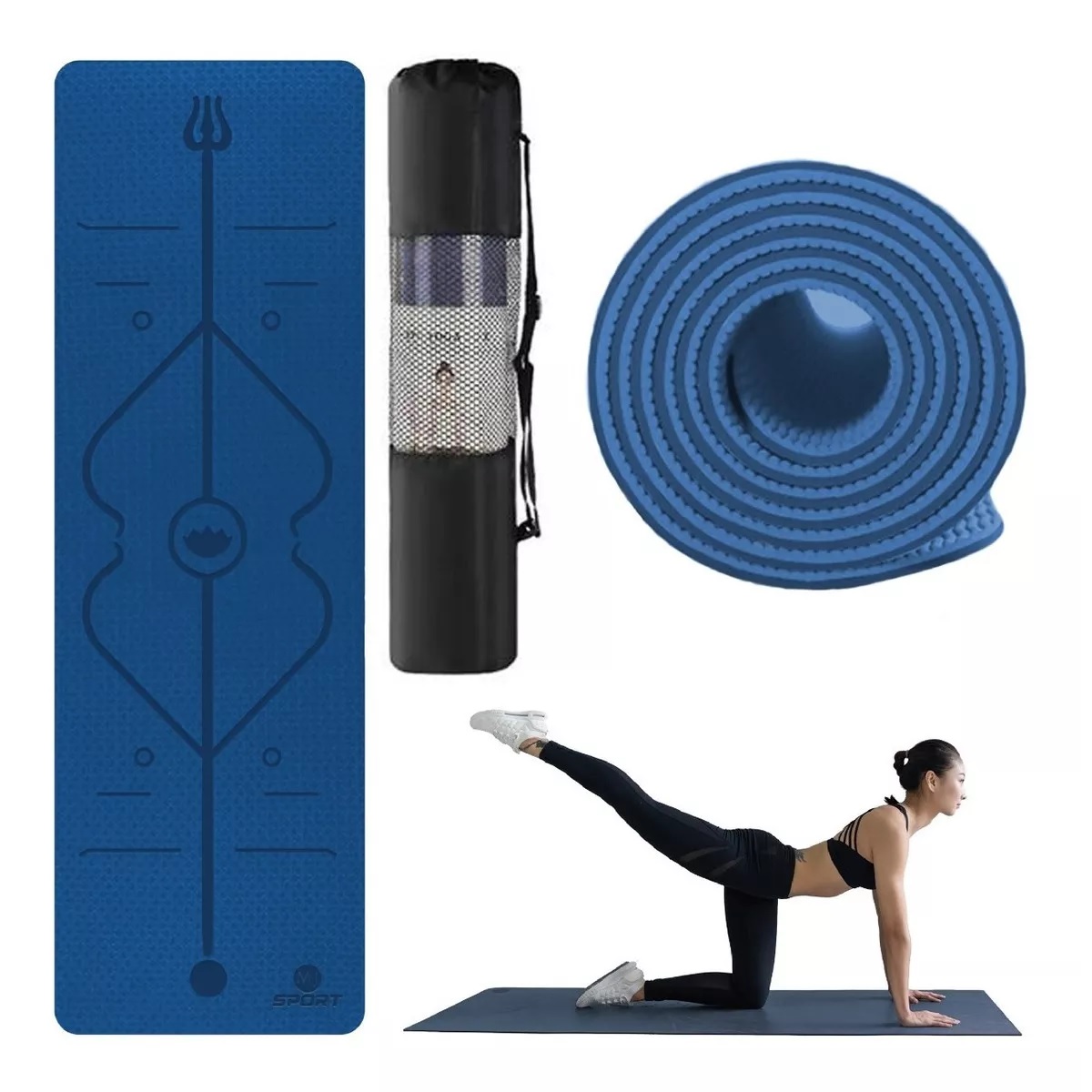 Tapete Antideslizante De Yoga Mat Tpe Con Líneas De Guía Color Azul