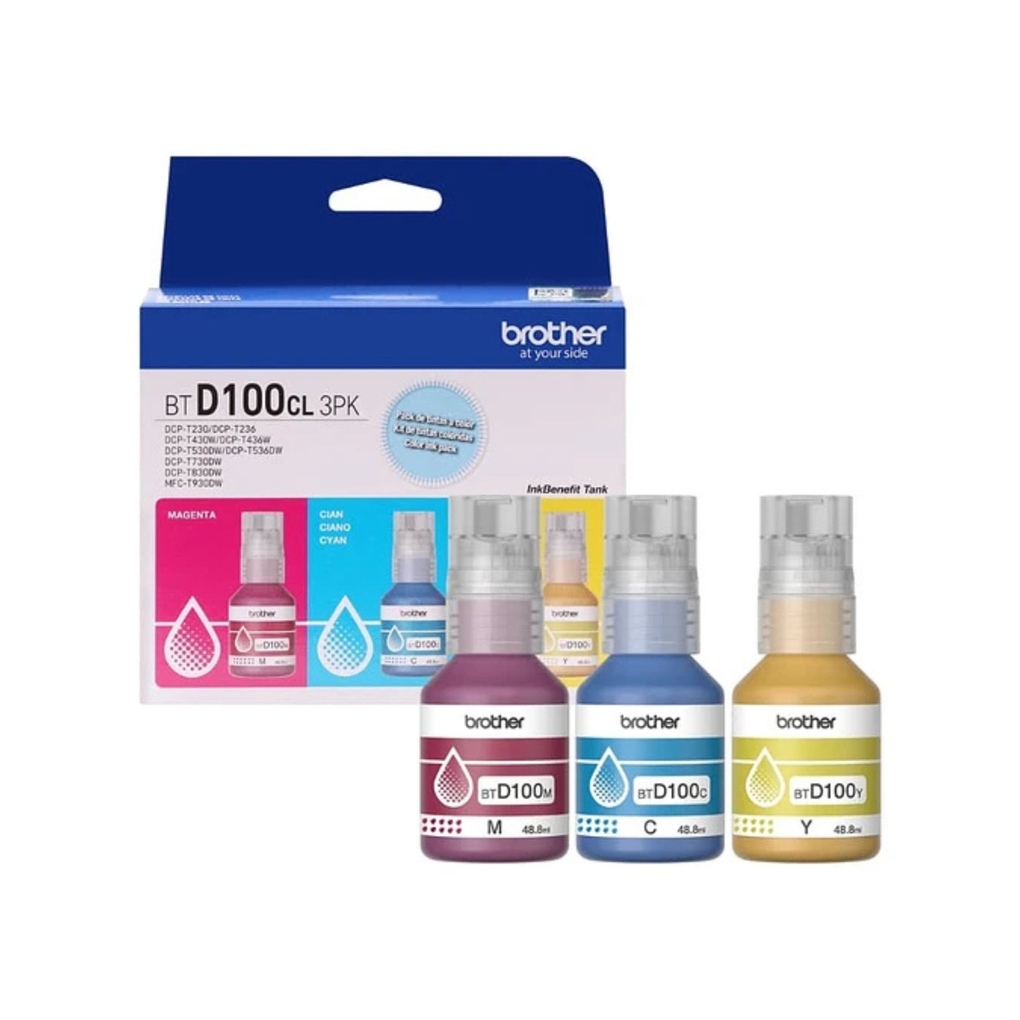 3 Pack - Botella de Tinta Brother BTD100 para 5,000 páginas, Tricolor