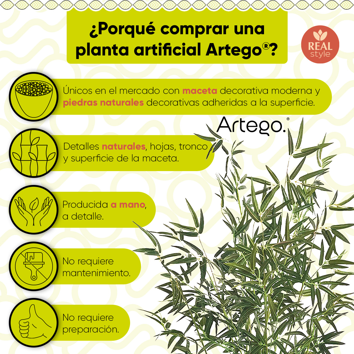 Planta artificial moderna con maceta decorativa Real Style Bambú grande de 180cm de alto Artego para hogar sala comercio oficina