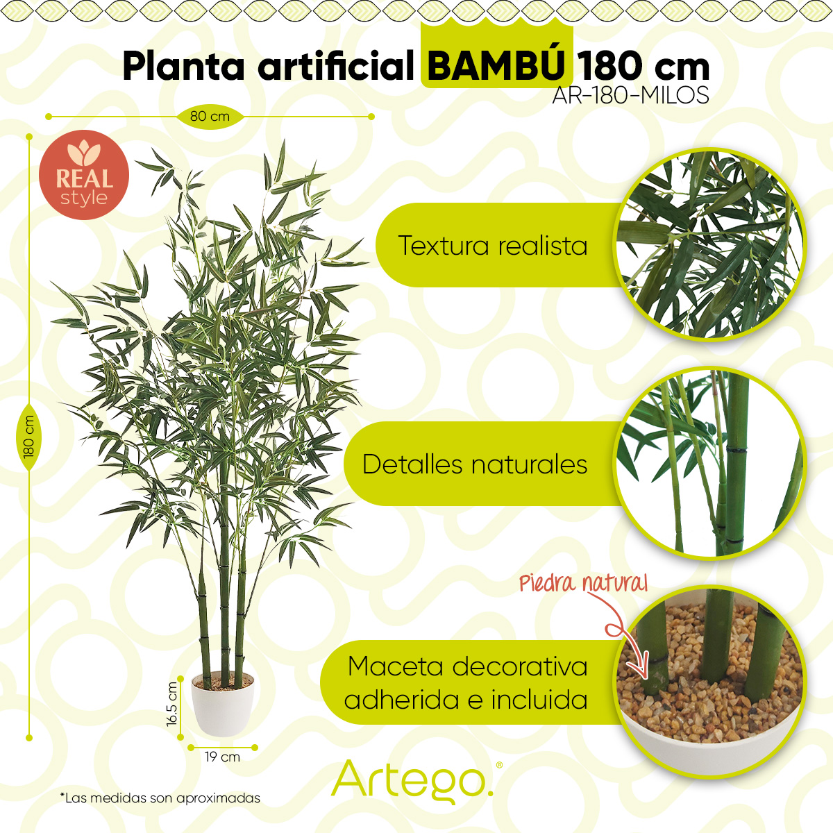 Planta artificial moderna con maceta decorativa Real Style Bambú grande de 180cm de alto Artego para hogar sala comercio oficina
