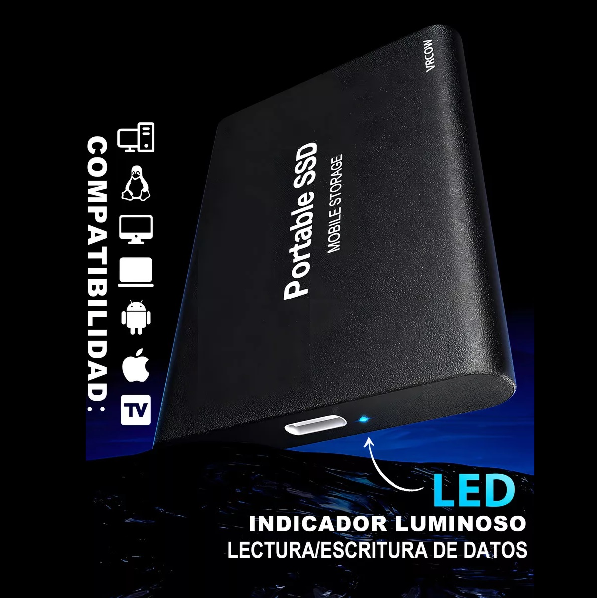 Externo Disco Duro Ssd 2tb Vrcow 2000gb Sólido Mini Portátil Negro
