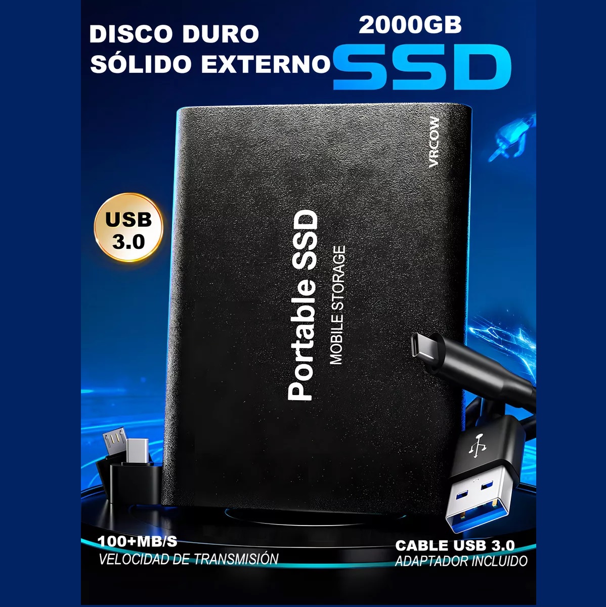 Externo Disco Duro Ssd 2tb Vrcow 2000gb Sólido Mini Portátil Negro