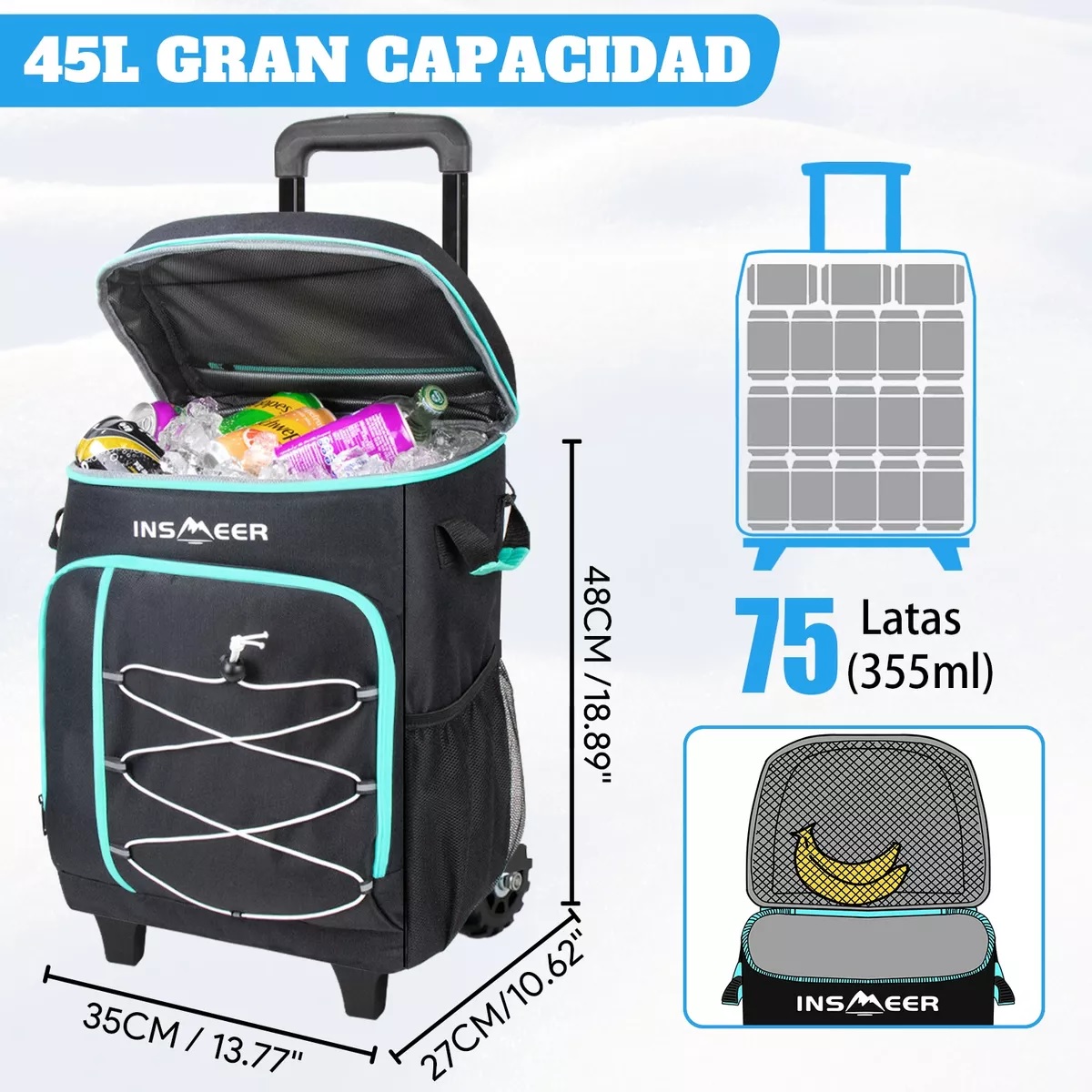 Hielera Con Ruedas Playa 75 Latas Bolsa Térmica Portatil Negro