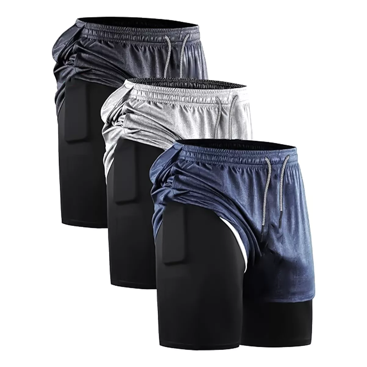 Short Con Licra Deportiva 2 En 1 Hombre Gimnasio 3pcs Negro Azul Gris XL