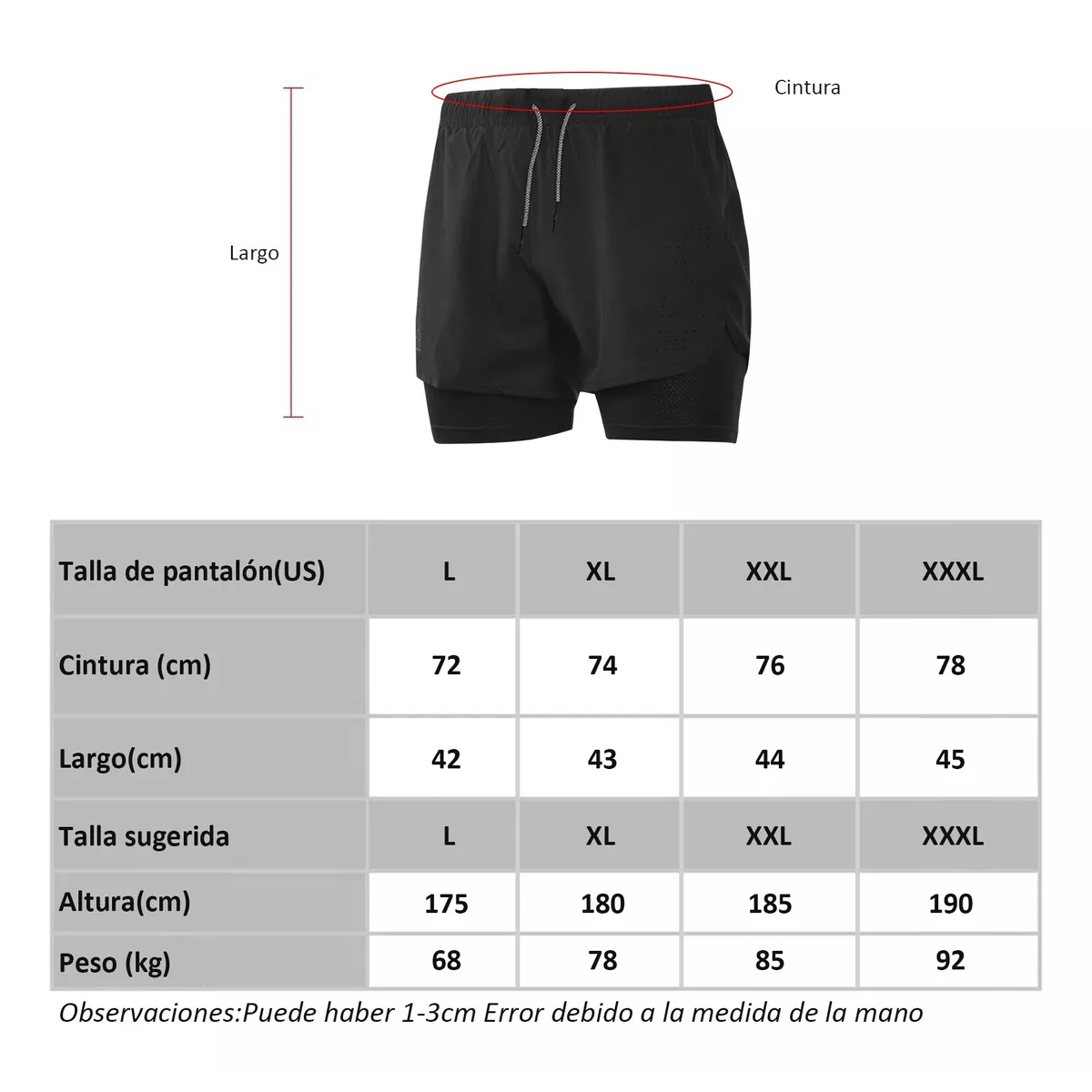 Short Con Licra Deportiva 2 En 1 Hombre Gimnasio 3pcs Negro Azul Gris XL