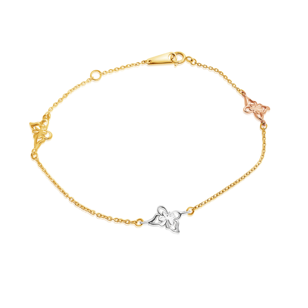 Pulsera Oro Fino 14 kilates Mariposas 3 Tonos