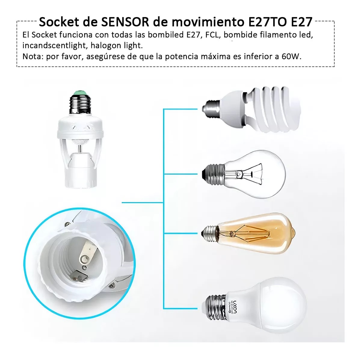 4 Porta Lámpara Sensor De Movimiento 360° Grados Infrarrojo E27 Socket Para Foco