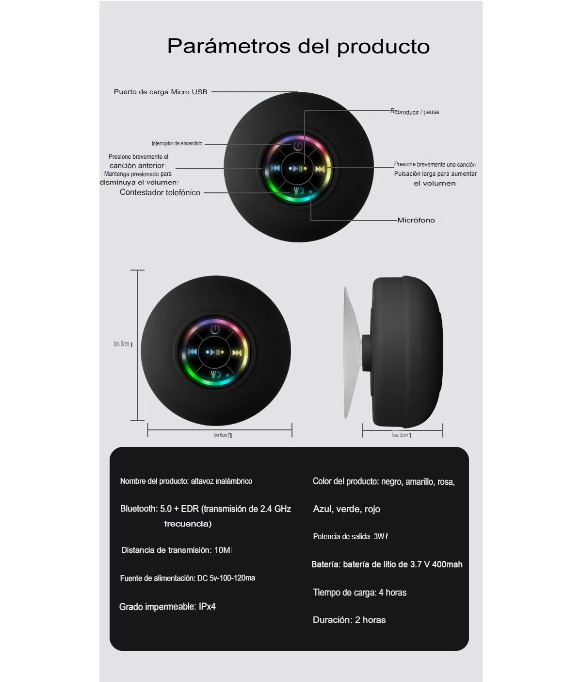Bocina RGB Bluetooth negro inalámbrico portátil contra agua ventosa grande sonido estéreo regadera