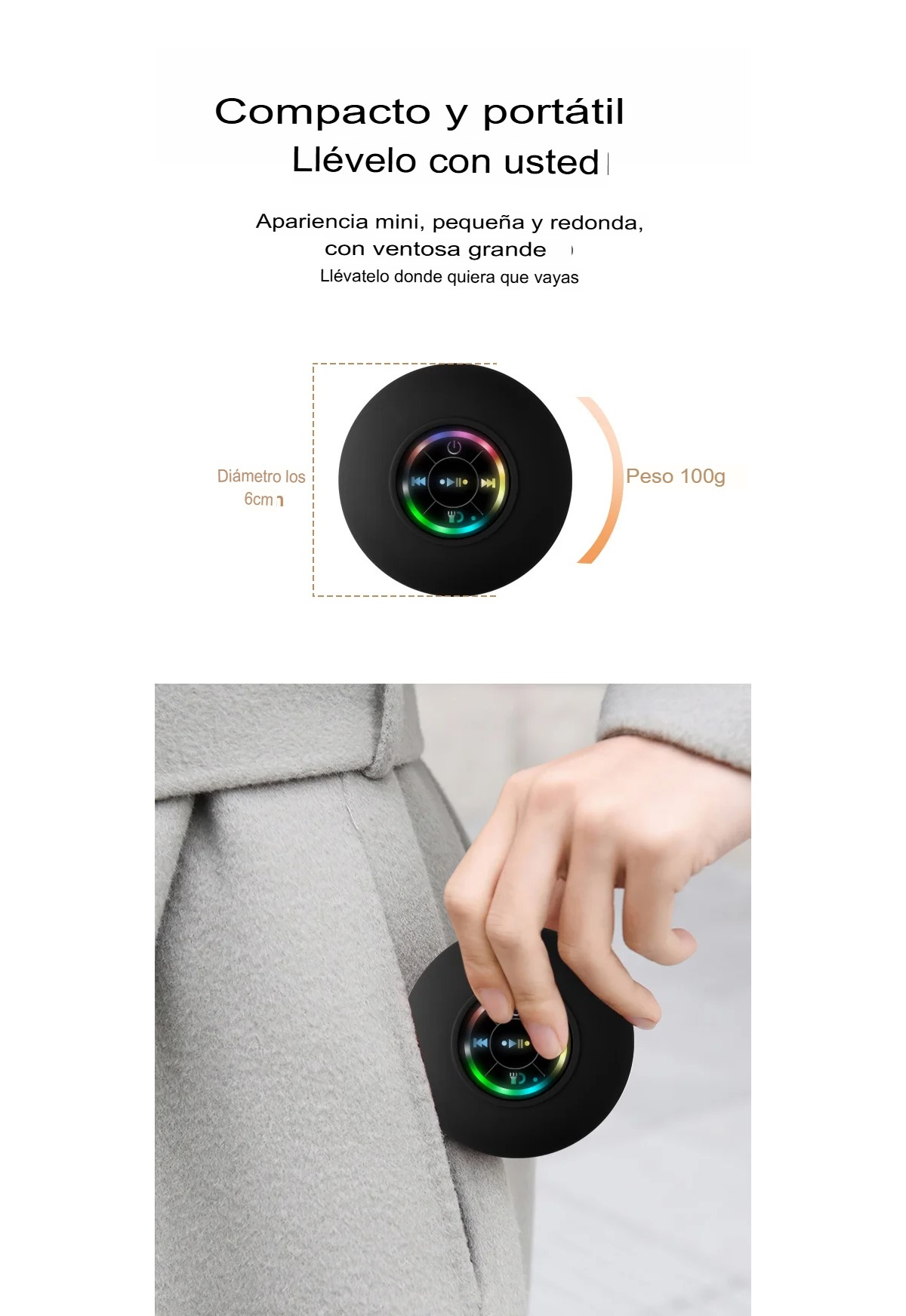 Bocina RGB Bluetooth negro inalámbrico portátil contra agua ventosa grande sonido estéreo regadera