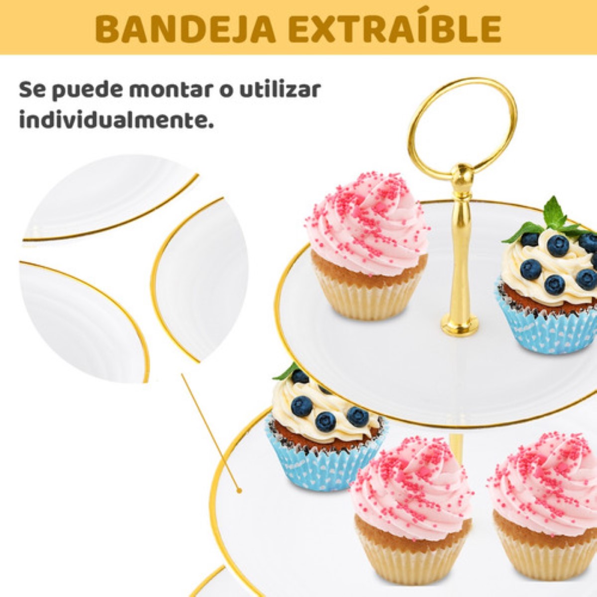 Kit Para Base Para Cupcake Y Postre Mesa De Dulce Exhibidore BLANCO DORADO 2 PZ