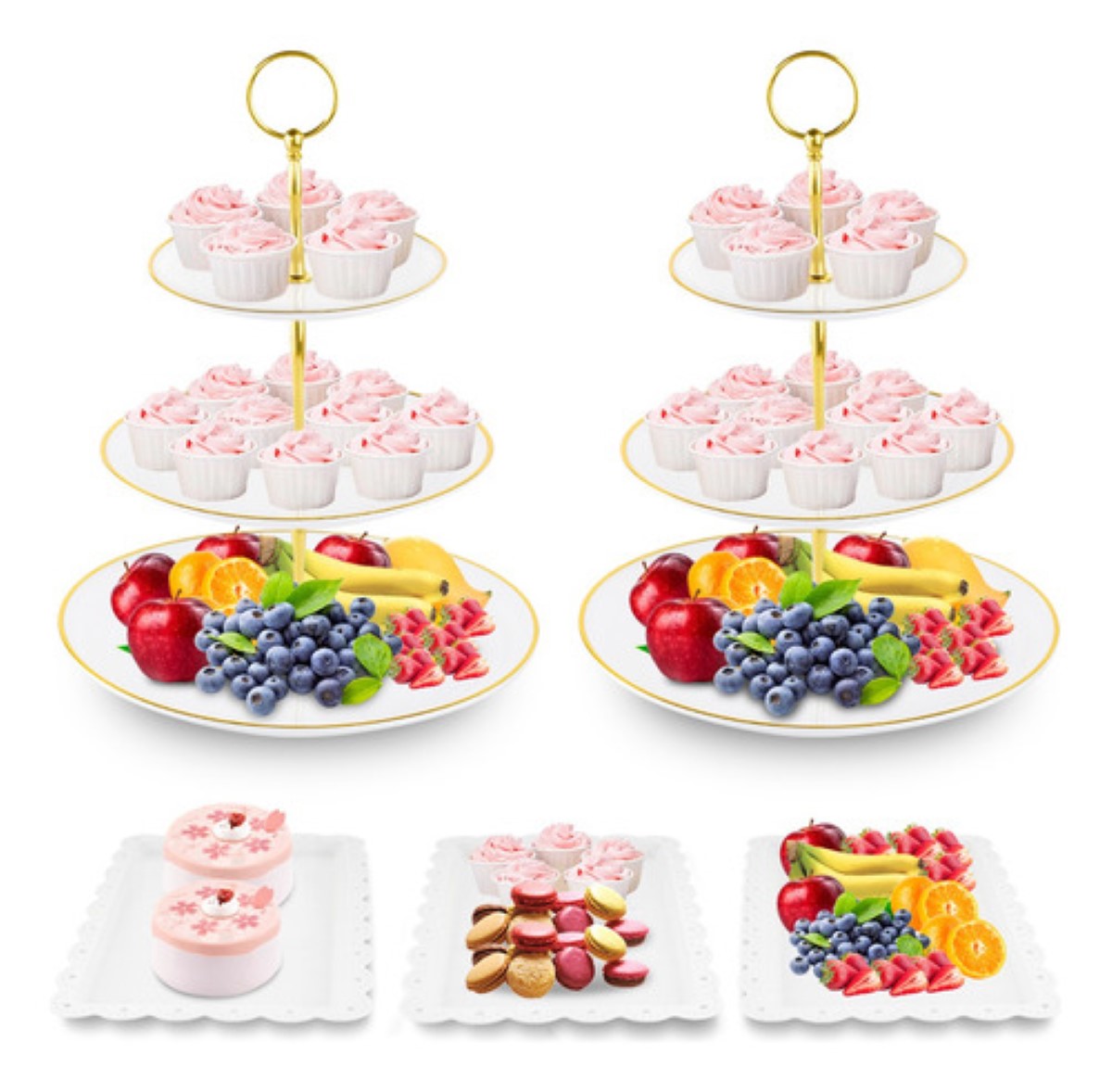 Kit Para Base Para Cupcake Y Postre Mesa De Dulce Exhibidore BLANCO DORADO 2 PZ
