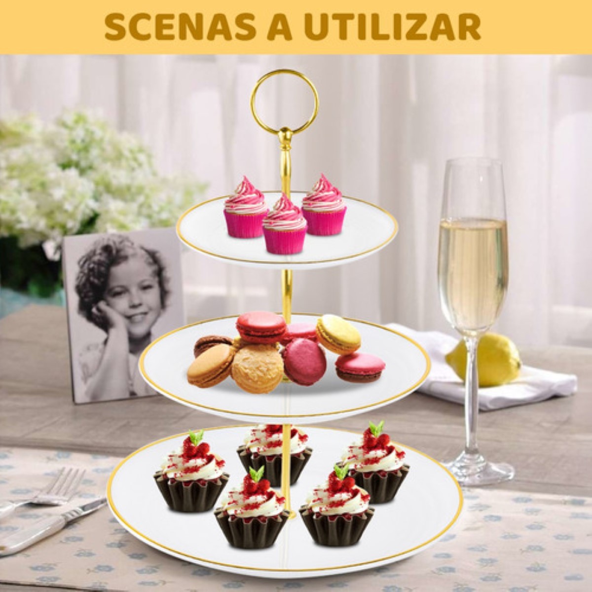 Kit Para Base Para Cupcake Y Postre Mesa De Dulce Exhibidore BLANCO DORADO 2 PZ