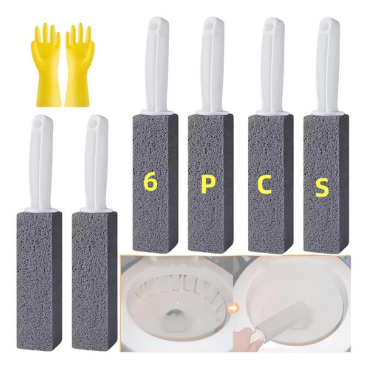 Limpieza Inodoro De Baño Cepillo Piedra Pómez+ Guantes 6 Pcs gris