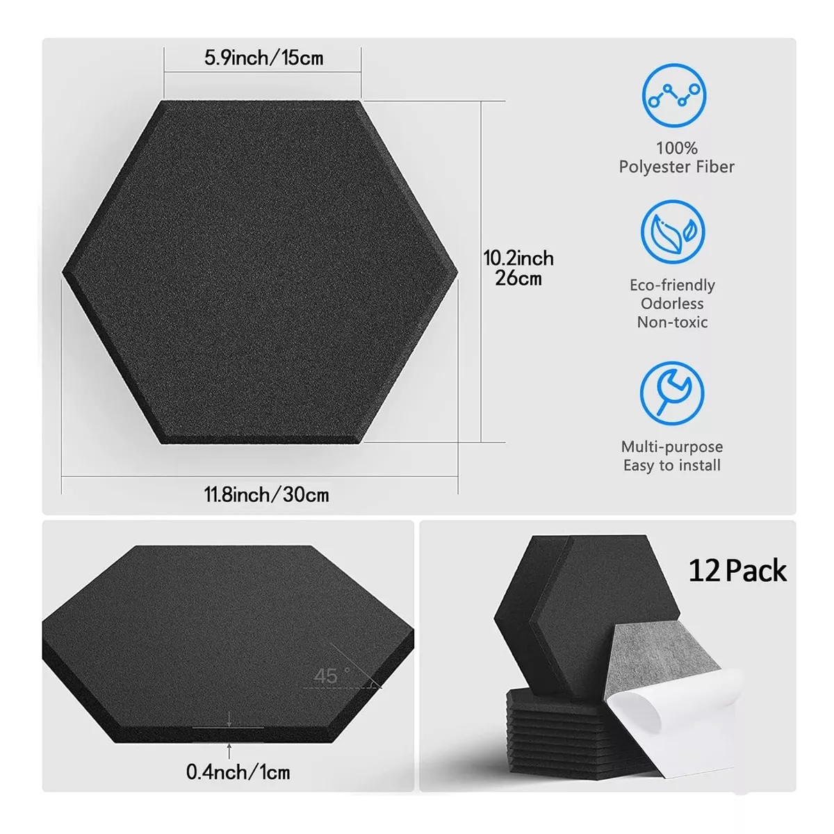 12 Paneles Acústicos Hexagonales De Espuma Acústica Decorati Negro