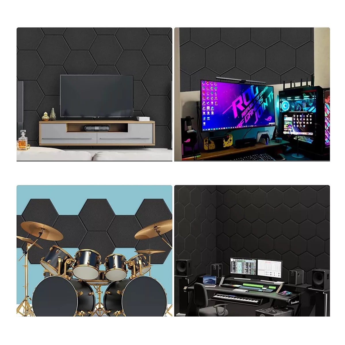 12 Paneles Acústicos Hexagonales De Espuma Acústica Decorati Negro