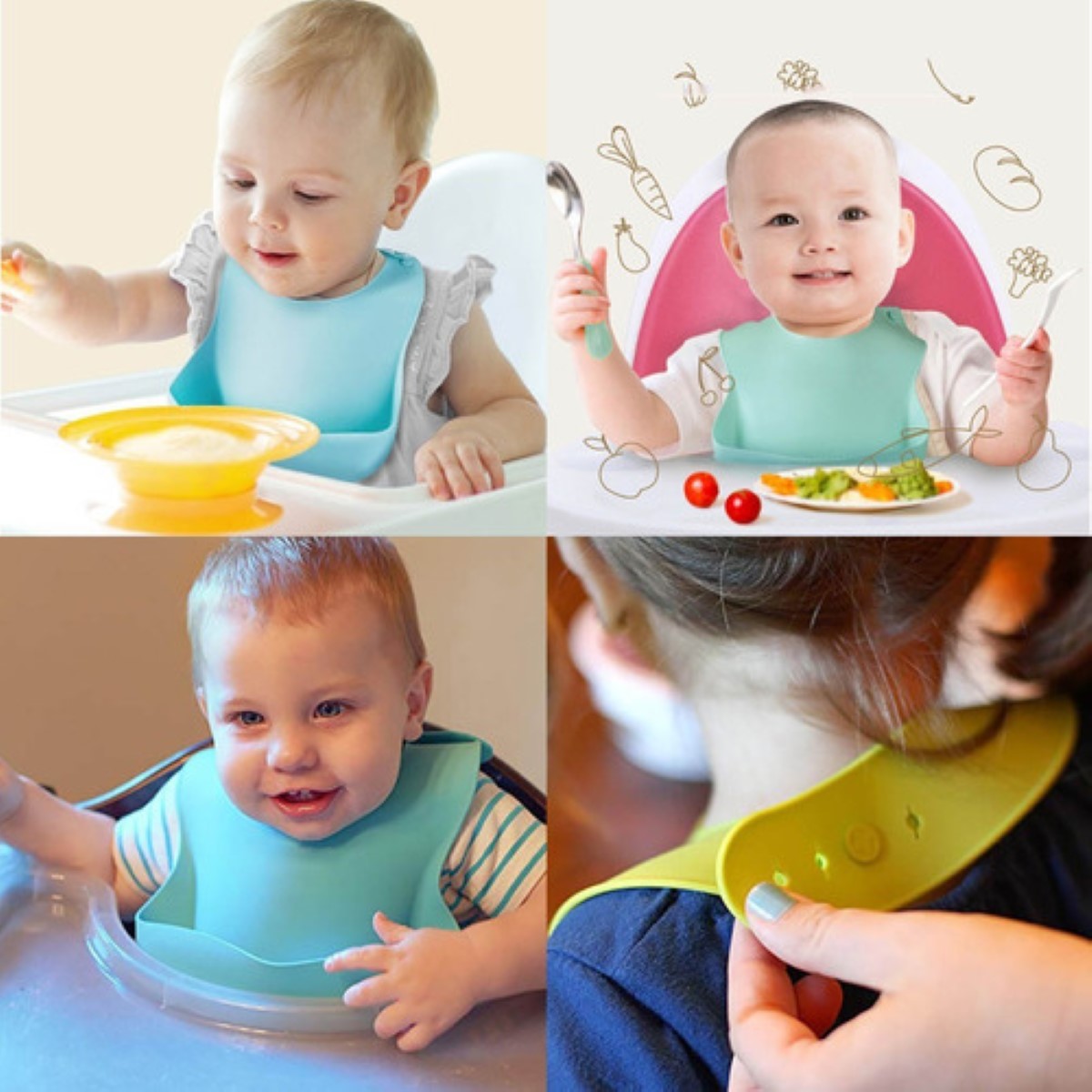 Baberos Bebé Silicona Impermeable Niña Niño Suave azul verde