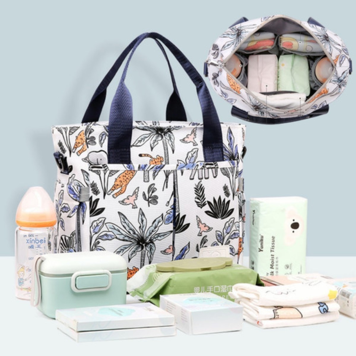 Mochila Bolsa Pañalera Modernas Impermeabl De Bebe Viaje Azul HOJAS  BLANCO