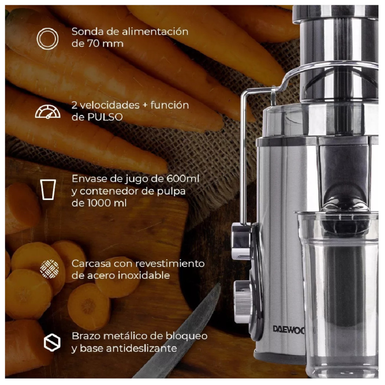 Extractor De Jugo Daewoo Acero Inox 2Vel 600ml 400W Plateado