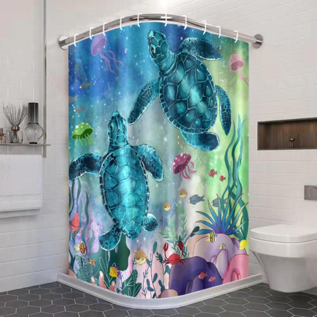 Cortina De Baño Lavable Tela Antihongo Impermeabl 180*180 cm Estilo 8 AZUL 2 TORTUGAS