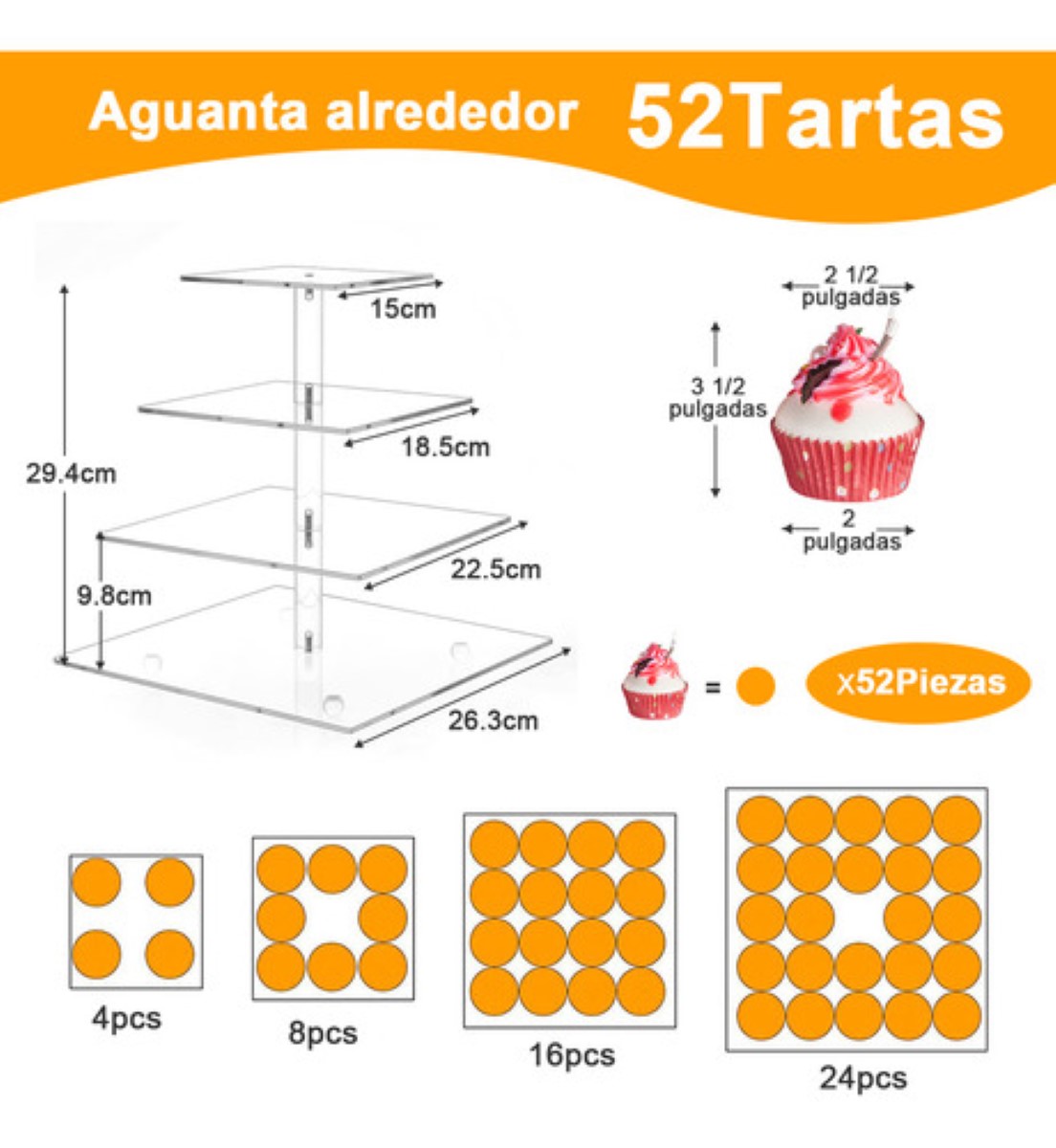 Base Para Postres Cupcakes Bases Pastel Acrilico 4 Niveles CUADRADO TRANSPARENTE