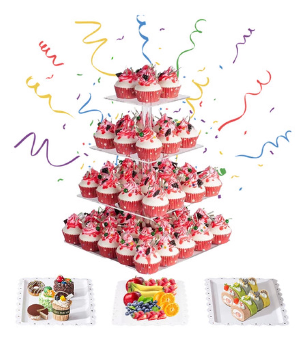 Base Para Postres Cupcakes Bases Pastel Acrilico 4 Niveles CUADRADO TRANSPARENTE