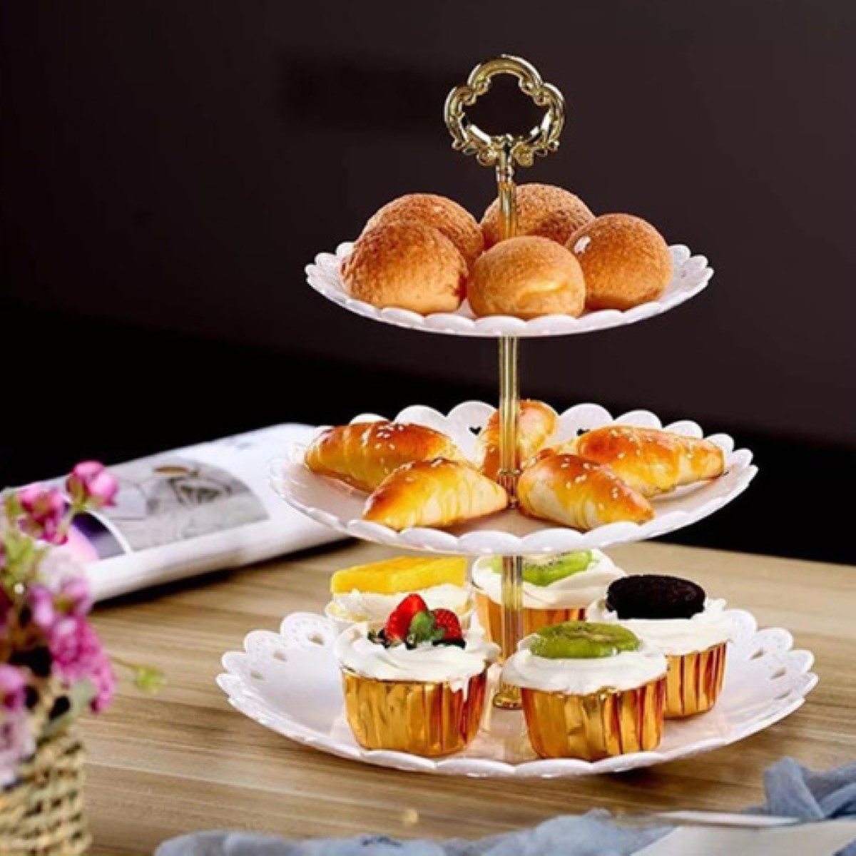 Exhibidor 3 Niveles Soporte Base Para Cupcakes Y Postres blanco
