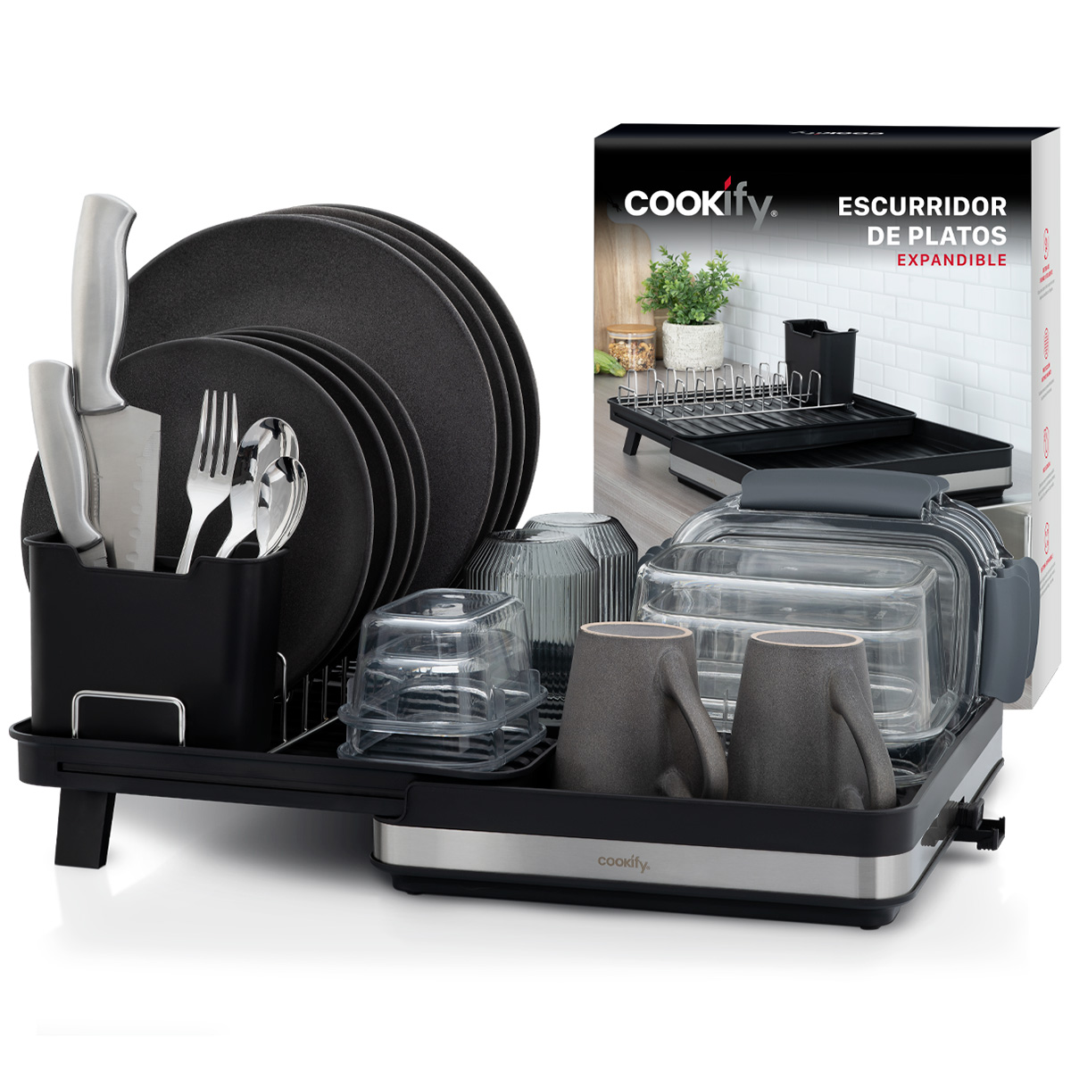 Escurridor de Trastes y Platos Expandible Trastero Extensible de Acero Inoxidable con Sistema de Drenaje Negro COOKIFY