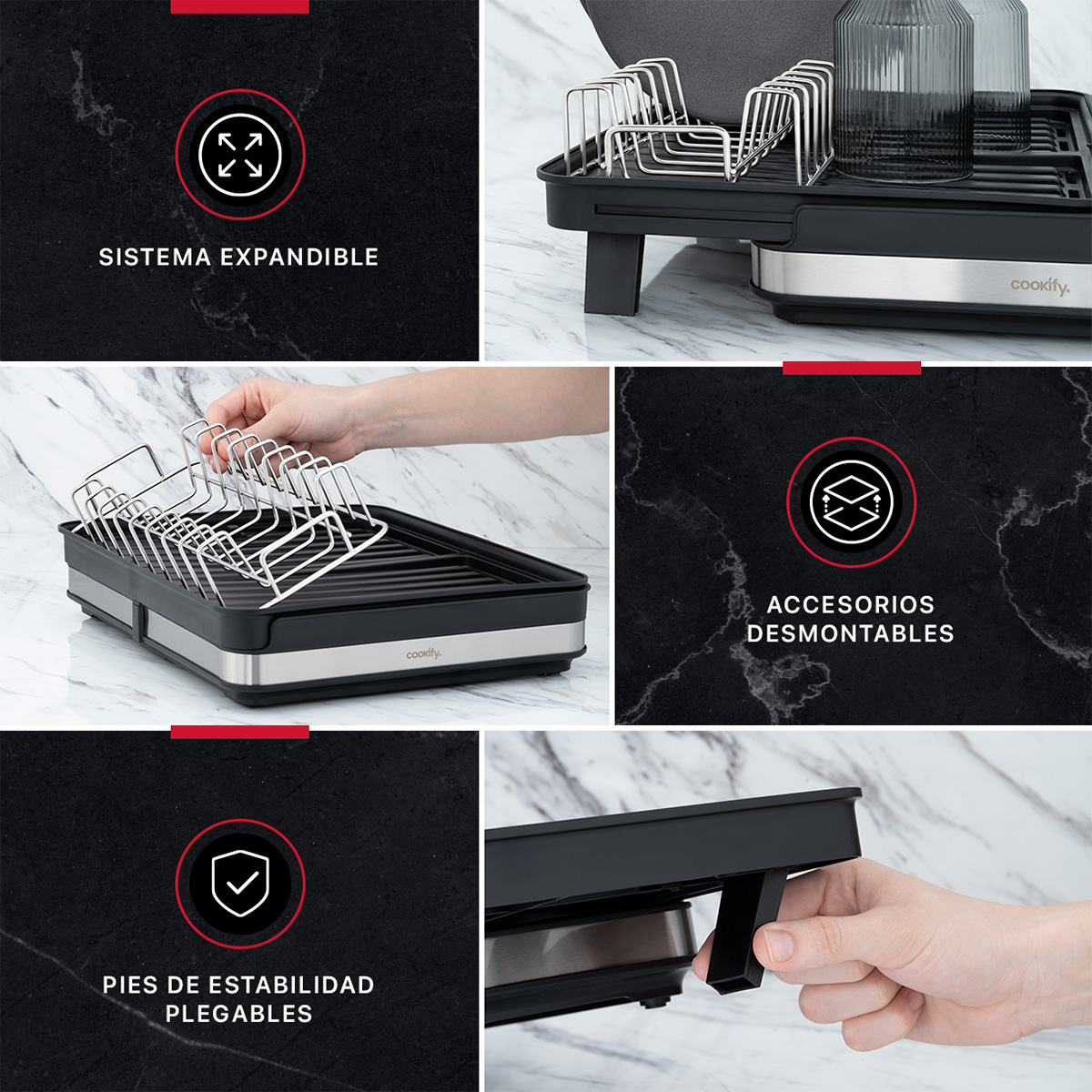 Escurridor de Trastes y Platos Expandible Trastero Extensible de Acero Inoxidable con Sistema de Drenaje Negro COOKIFY