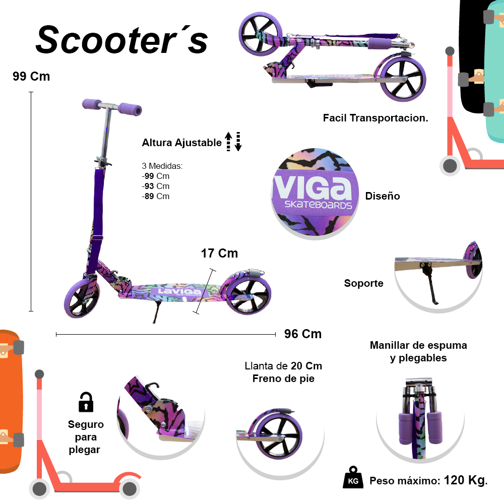 Plegable y Ajustable, Patín del Diablo  Manubrio Ajustable 2 Ruedas, para Niños y Adolescentes Morado