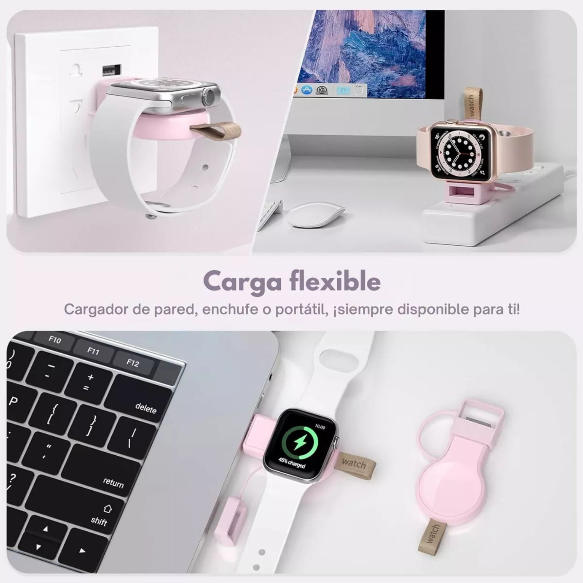 Cargador Portátil Magnético Carga Rápida Para Apple Watch Color Rosa
