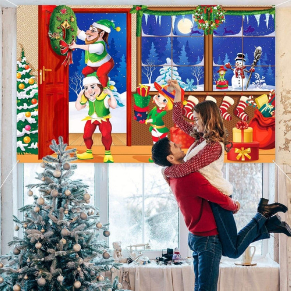 Tapiz Pared Fondos Fotograficos Navideño Decoracion Adornos duendes navideños ROJO AZUL