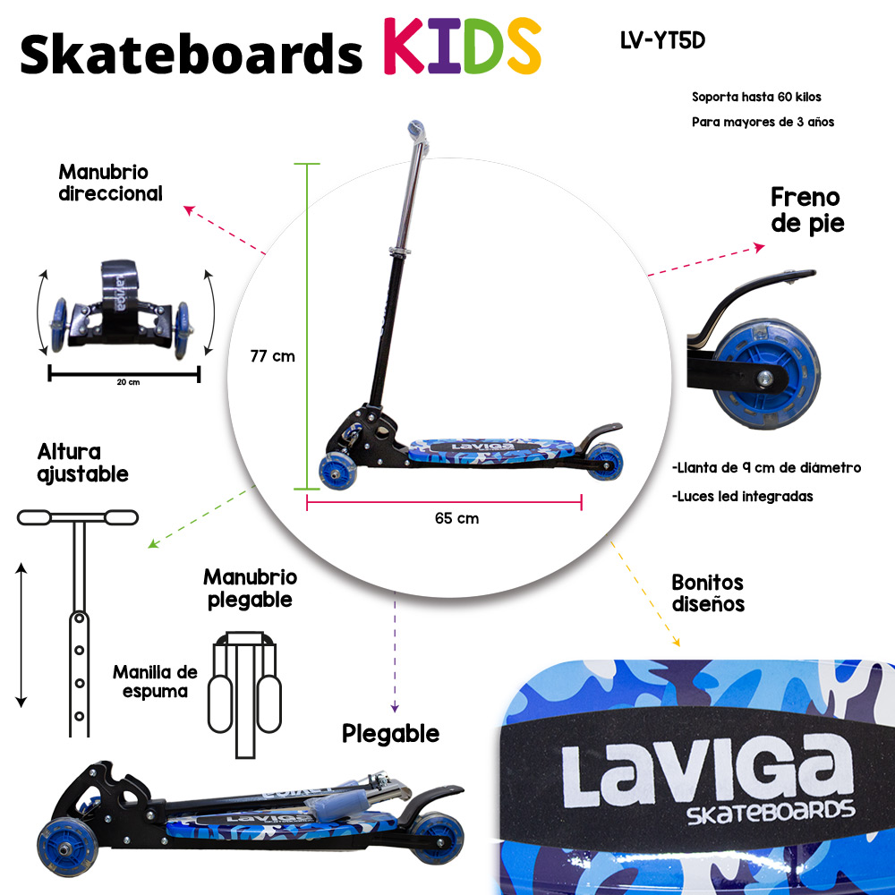Scooter Patín Movible Infantil Led Diseño Niñas Y Niños Azul