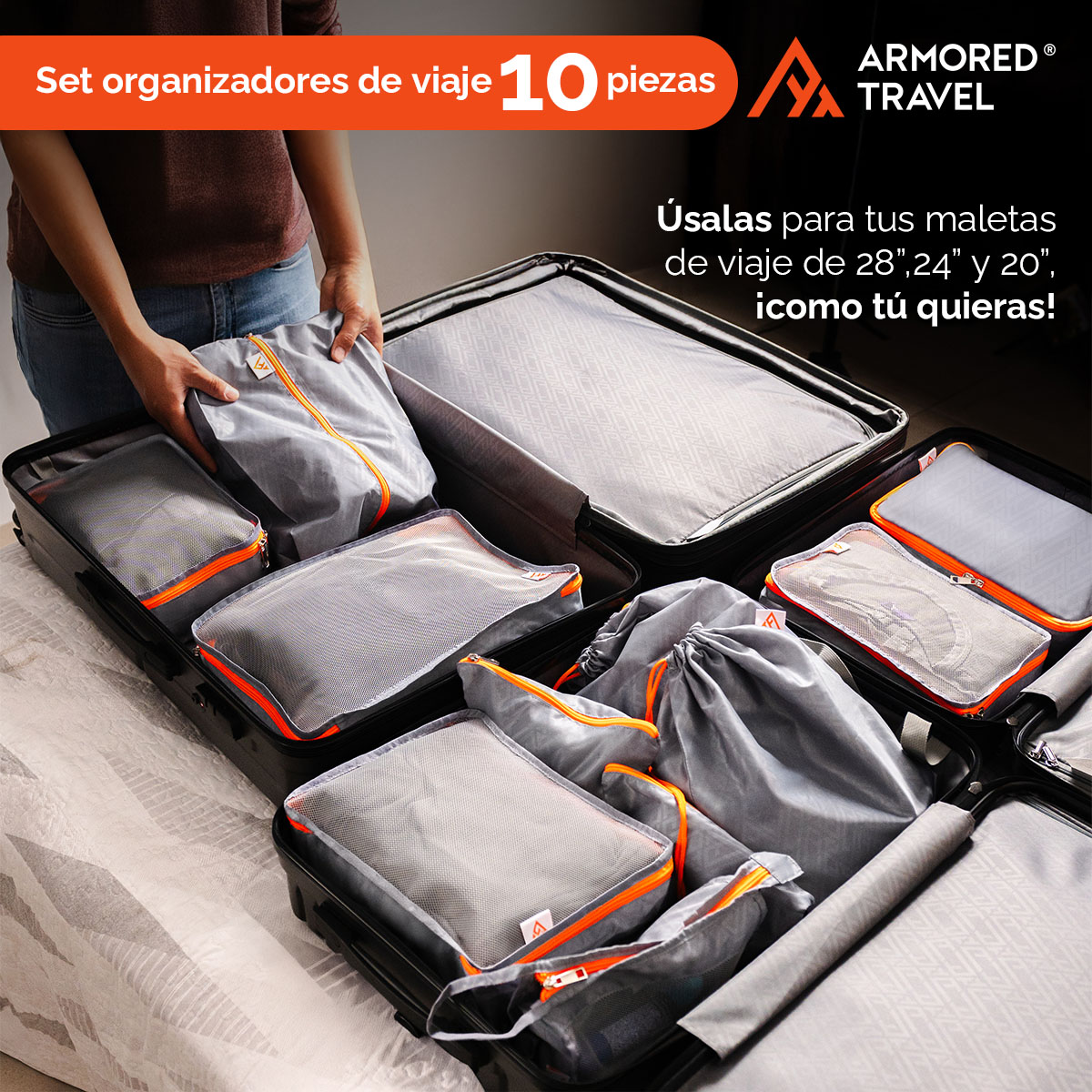 Organizadores de viaje para maletas bolsas organizadoras paquete 10 piezas GRIS-SILVER esenciales para viaje Armored Travel
