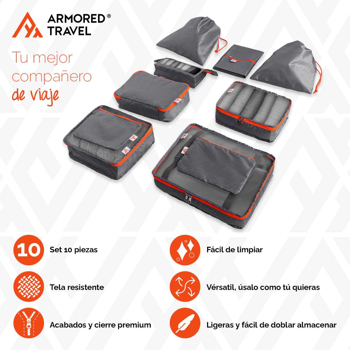 Organizadores de viaje para maletas bolsas organizadoras paquete 10 piezas GRIS-SILVER esenciales para viaje Armored Travel