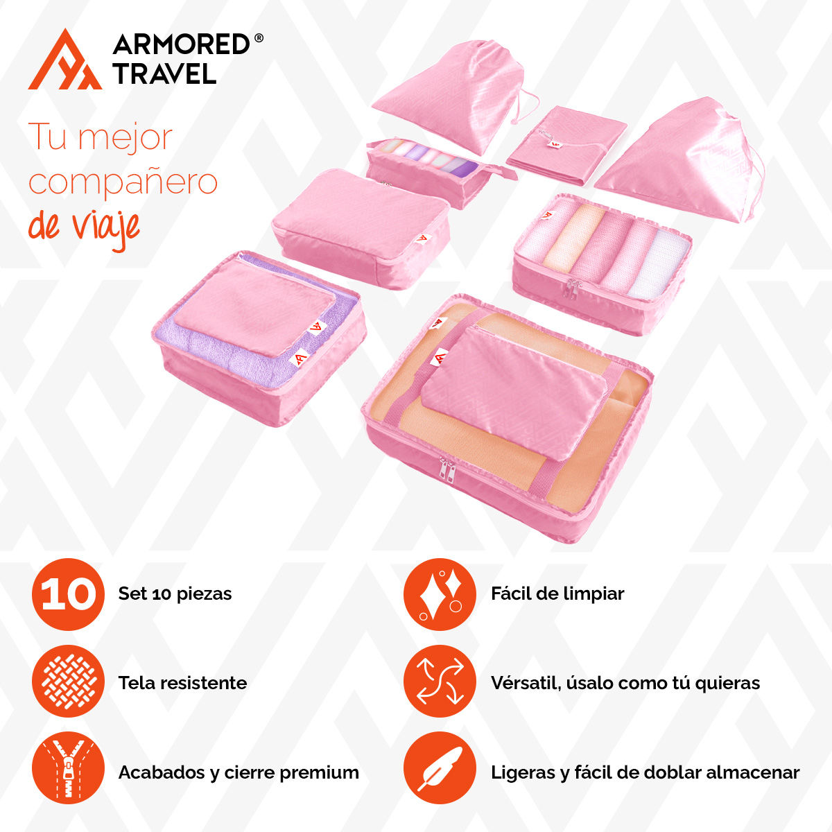 Organizadores de viaje para maletas bolsas organizadoras paquete 10 piezas ROSA-AGATA esenciales para viaje Armored Travel