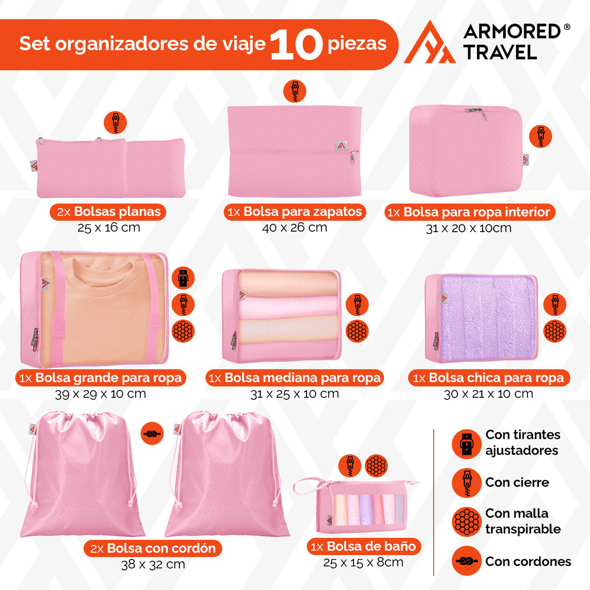 Organizadores de viaje para maletas bolsas organizadoras paquete 10 piezas ROSA-AGATA esenciales para viaje Armored Travel