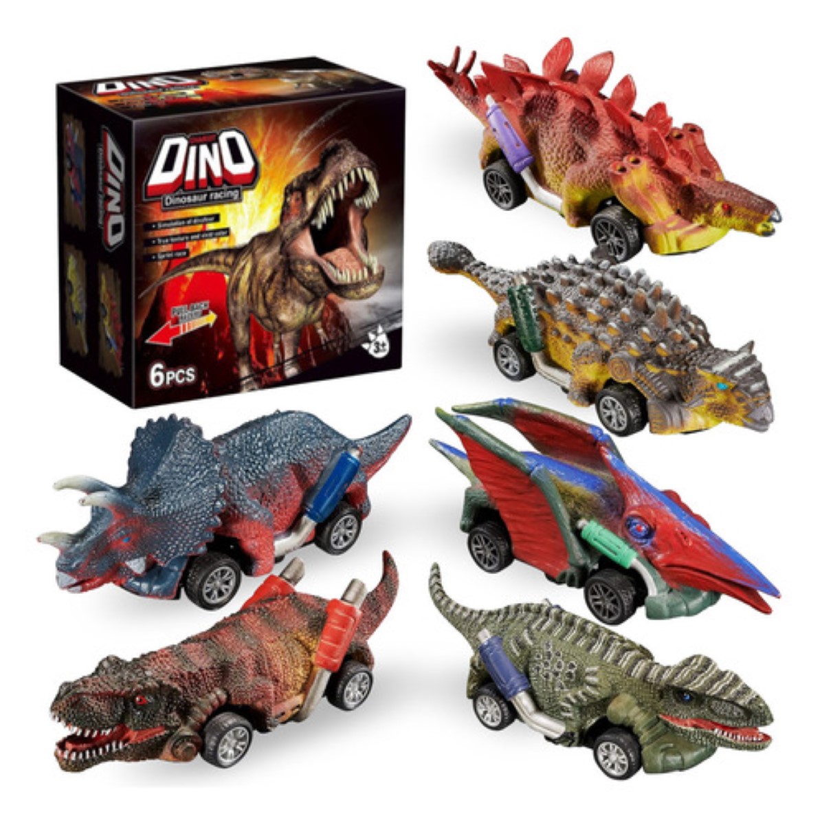 Juguetes De Dinosaurio Carritos Coches Pull-back Tracción 6 PZS, cafe