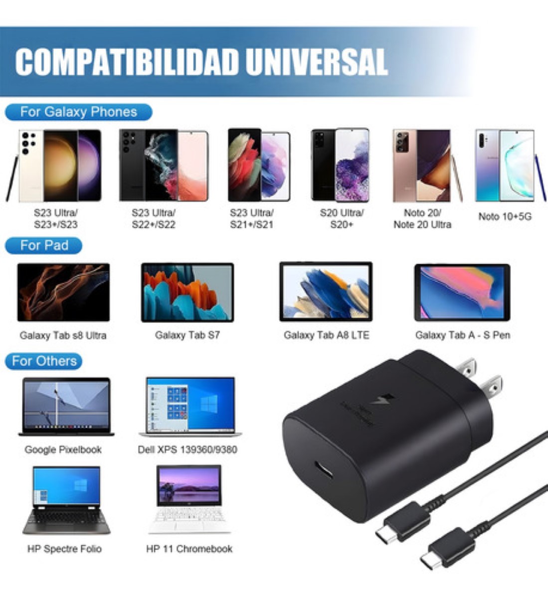 Cargador Rápido Tipo C De 25w Para Samsung Galaxy Con Cable negro