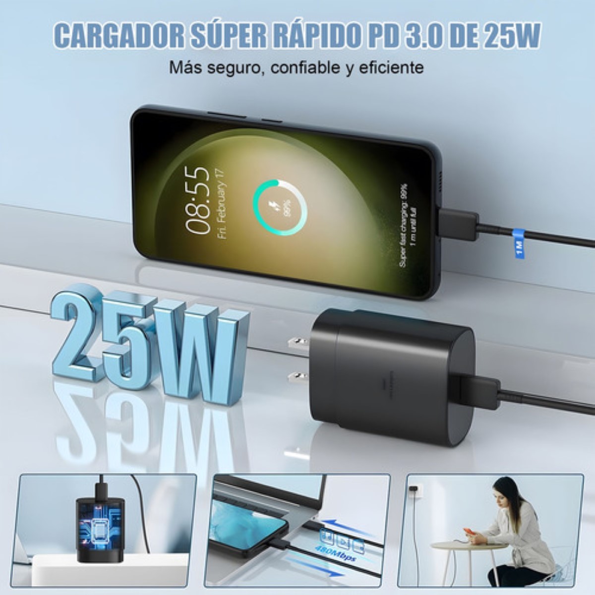 Cargador Rápido Tipo C De 25w Para Samsung Galaxy Con Cable negro