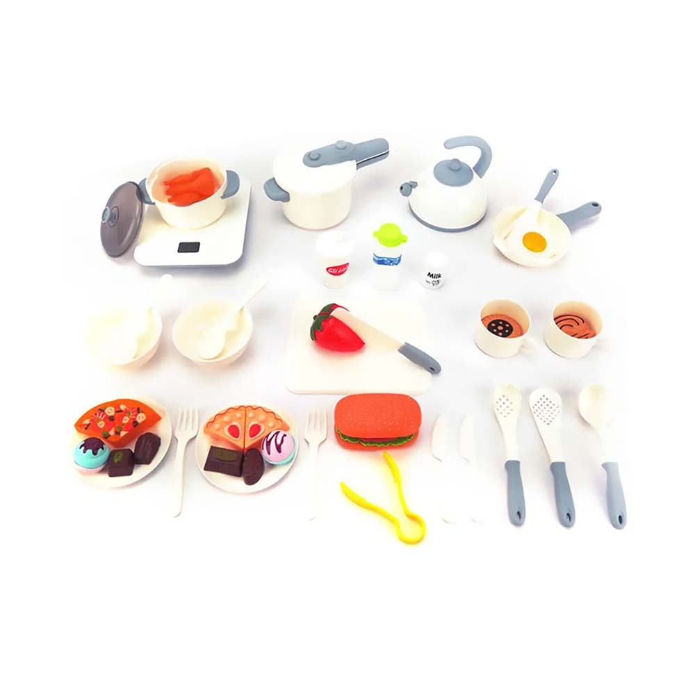 Juego de Cocina para niños y niñas, 32 Unidades Mini Olla y Fingir Juguete de Cocina, Cubiertos y Comidas, Utensilios de Cocina para niños y niñas Mayor a 3 años (gris)