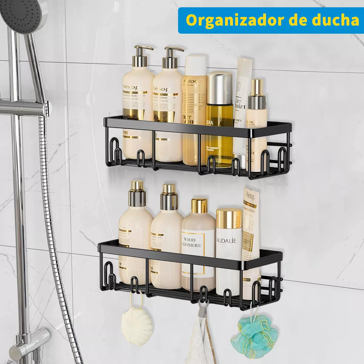 Organizador De Baño Accesorios Estantes Acero Inoxidable Con Adhesivos Color Negro