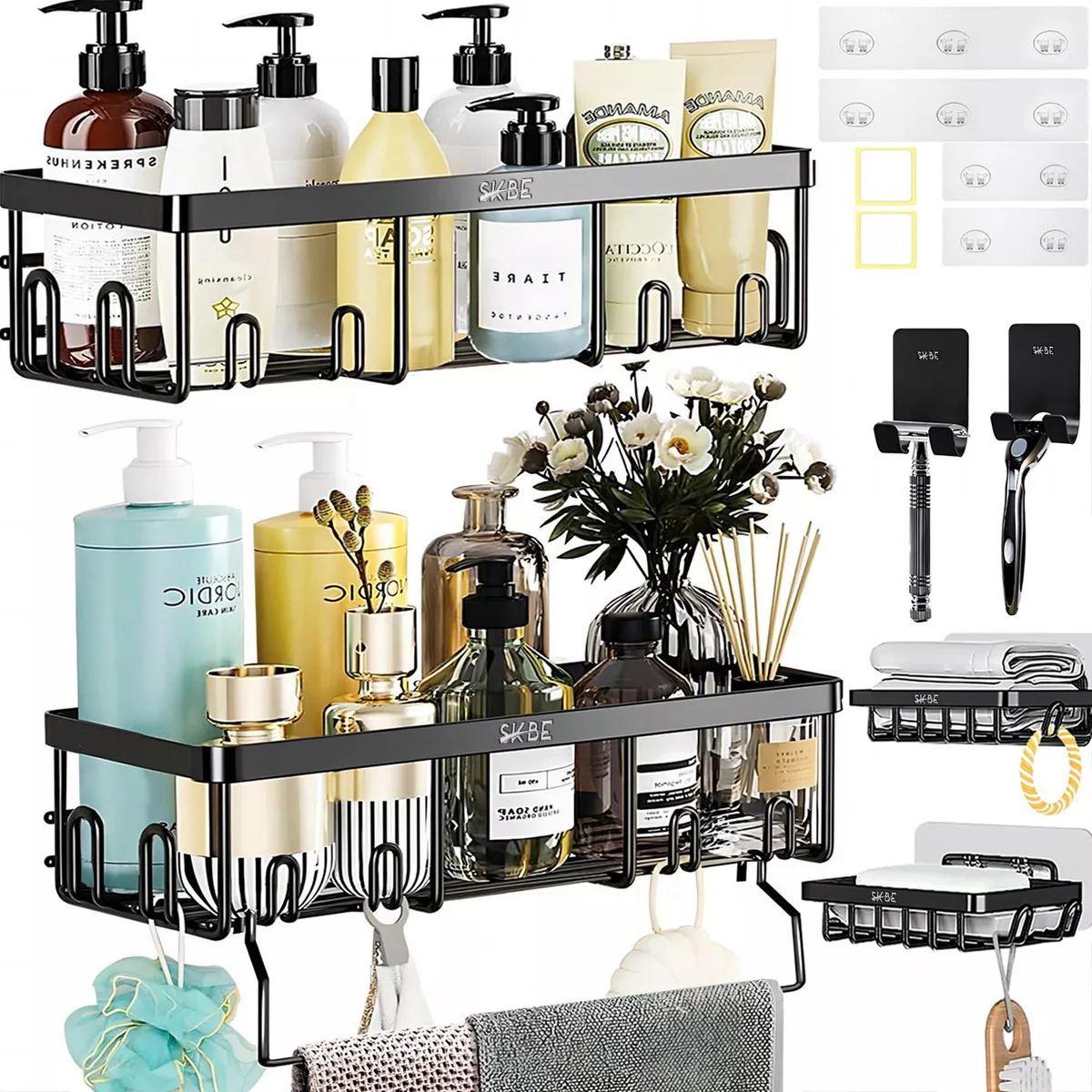 Organizador De Baño Accesorios Estantes Acero Inoxidable Con Adhesivos Color Negro
