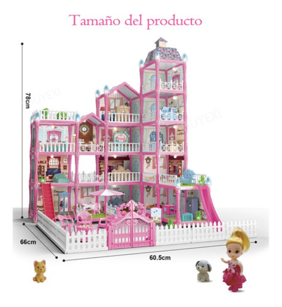 Casa De Muñecas para Niña Con Tobogán De Luz Led Y Muñeca, Rosa