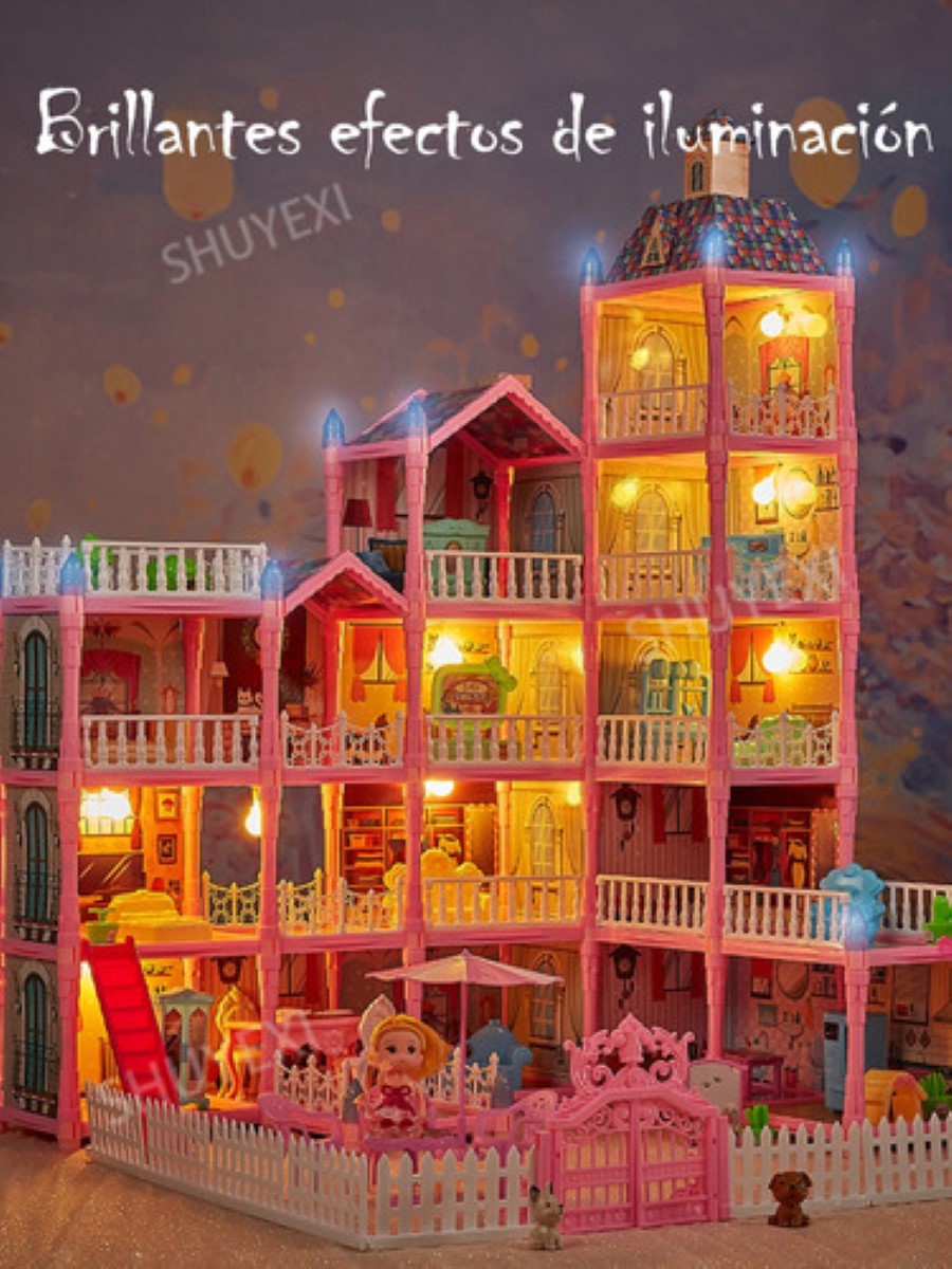 Casa De Muñecas para Niña Con Tobogán De Luz Led Y Muñeca, Rosa