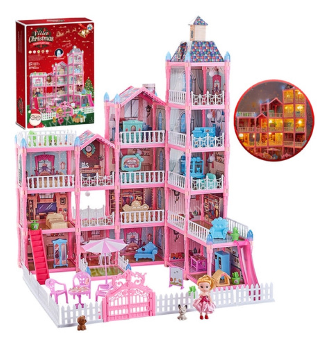 Casa De Muñecas para Niña Con Tobogán De Luz Led Y Muñeca, Rosa