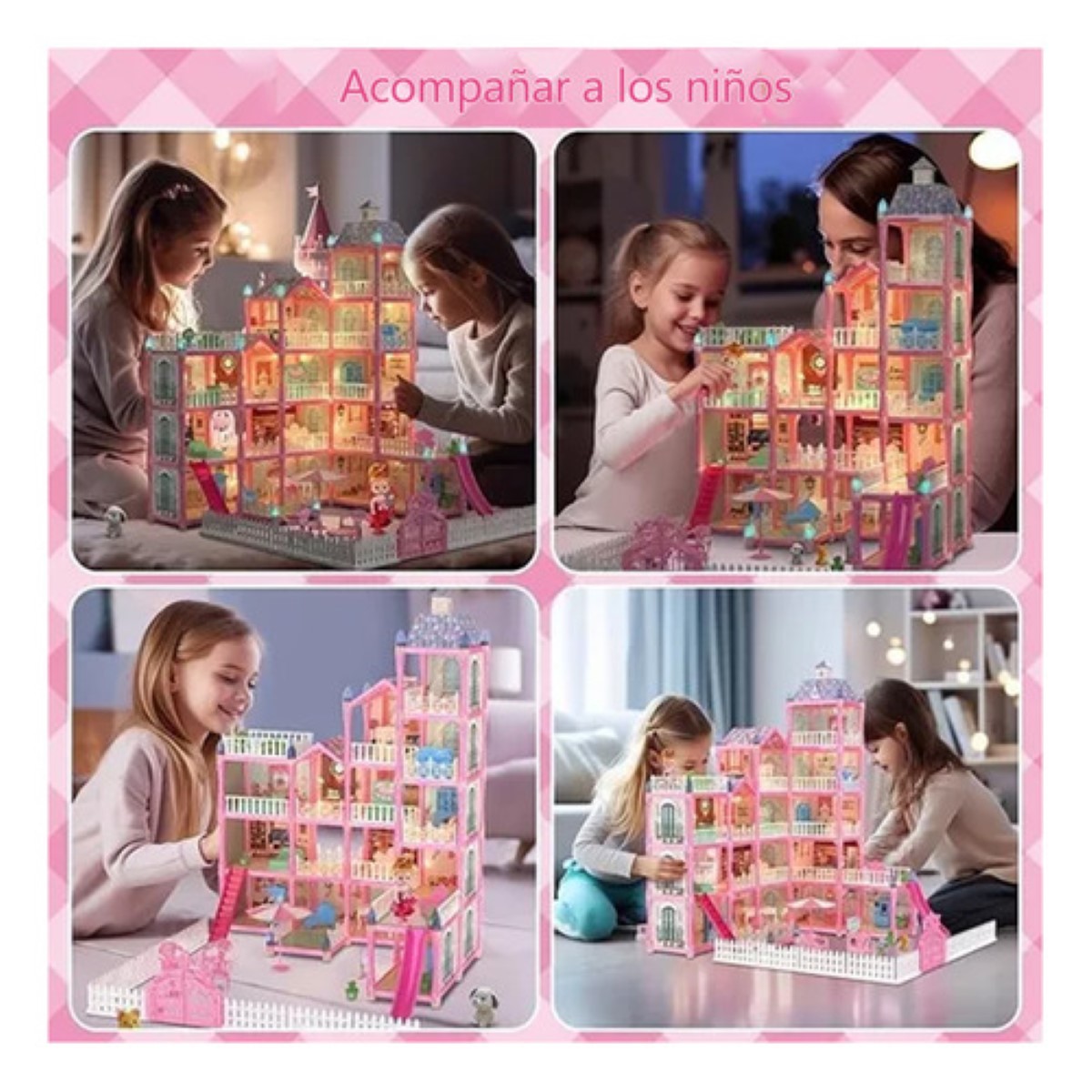 Casa De Muñecas para Niña Con Tobogán De Luz Led Y Muñeca, Rosa