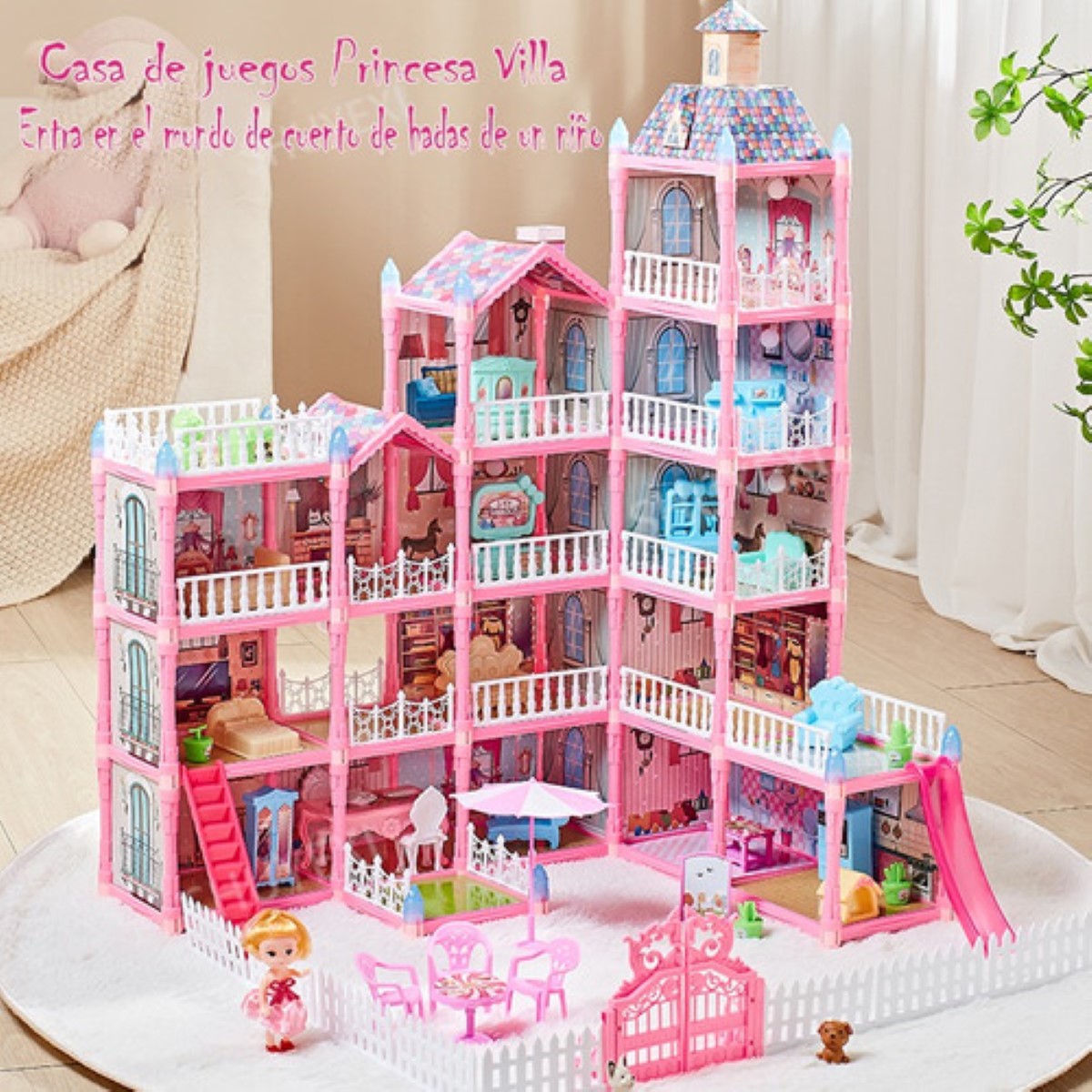 Casa De Muñecas para Niña Con Tobogán De Luz Led Y Muñeca, Rosa
