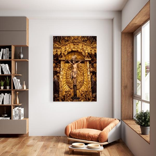 Cuadro Decorativo Canvas Religioso Crucifixión Jesucristo tallado en Madera 135 X 90