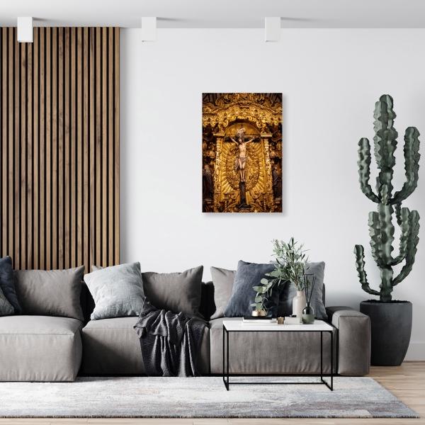 Cuadro Decorativo Canvas Religioso Crucifixión Jesucristo tallado en Madera 135 X 90
