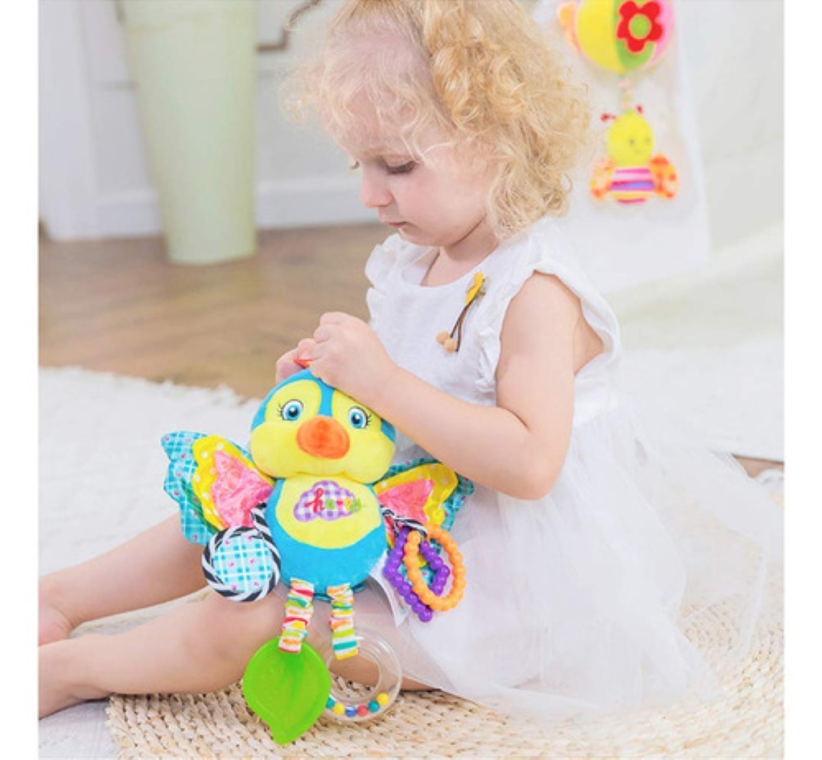 Juguete Peluche Sonaja Y Mordedera Bebé Para Carriola, Cuna Multicolor